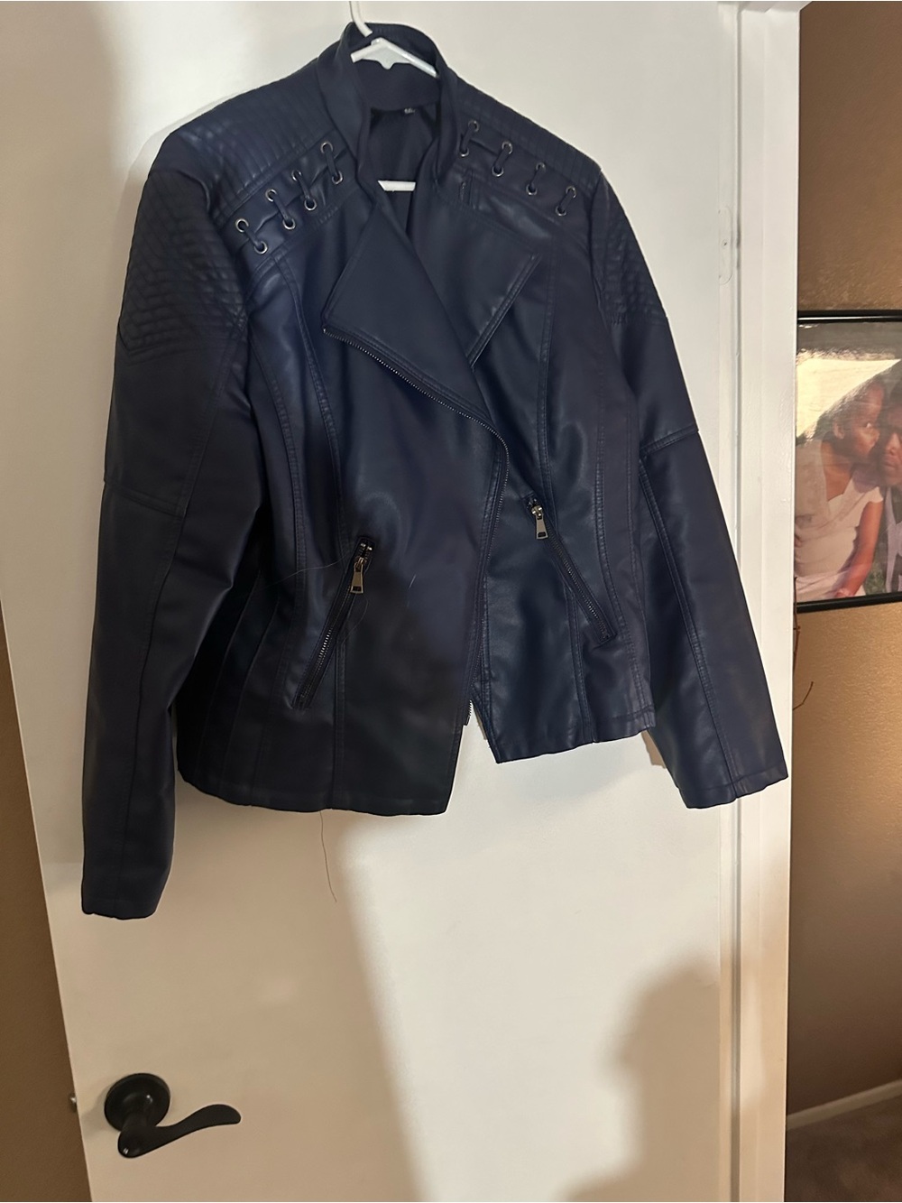 Women's Faux Leather Moto Jacket in Navy with Asymmetrical Zip
